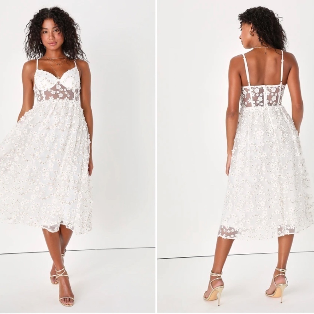 Lulu's White Floral Lace Midi Dress